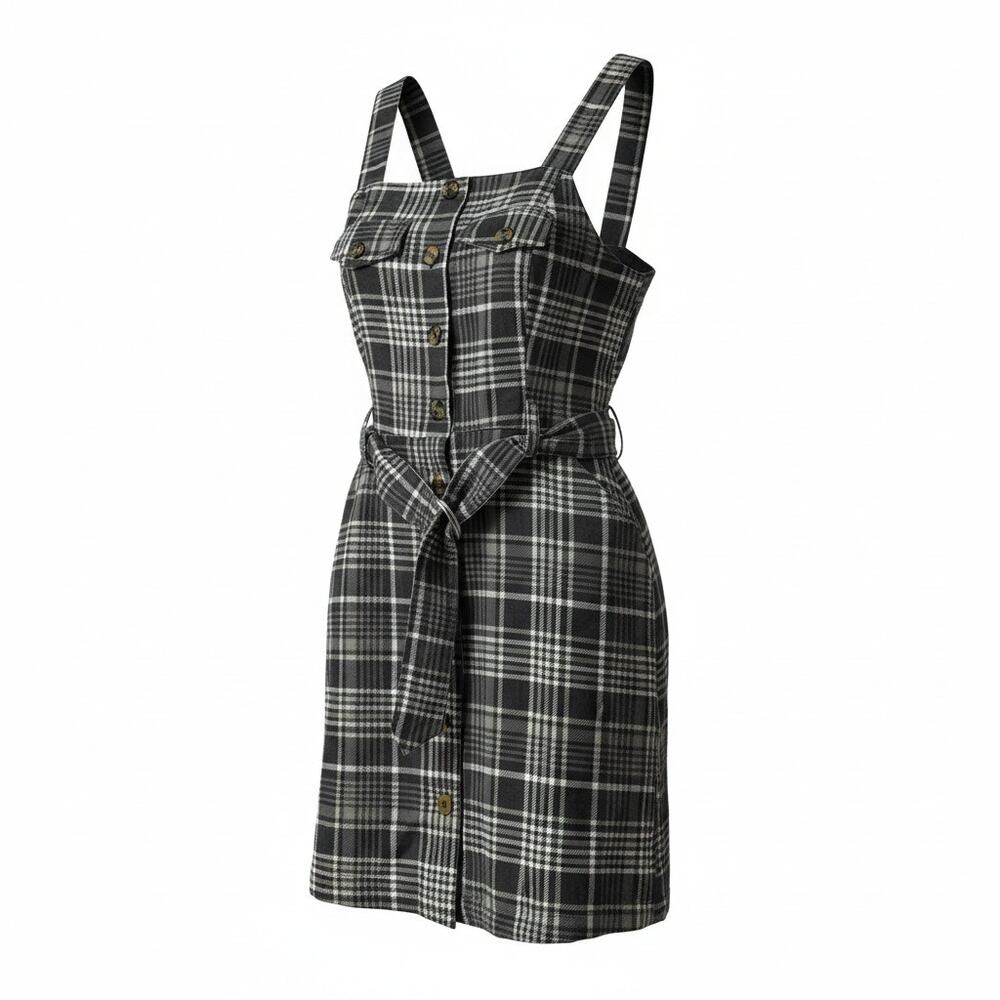 Vine and Valley Plaid Pinafore Dress L Belted Button Front
